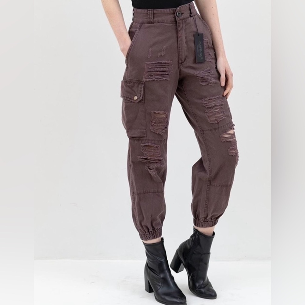 Carmar‎ denim brown ripped cargo pants size 2 NWT $215